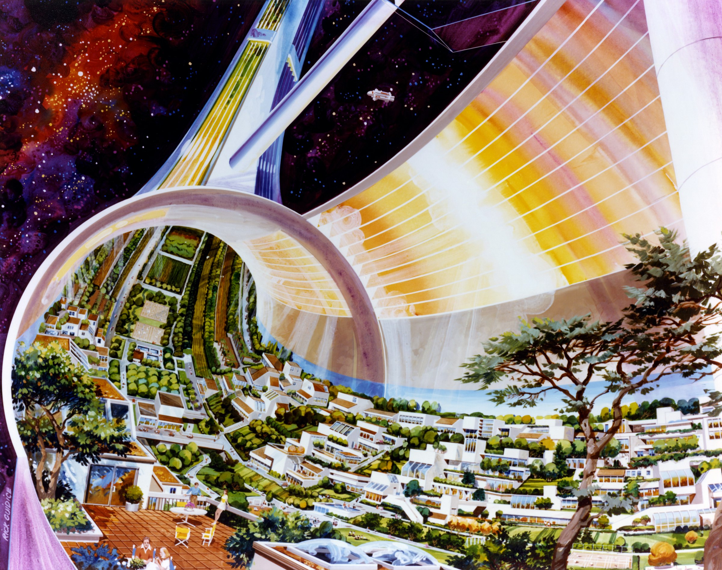 A hypothetical small space colony drawn by NASA employee Rick Guidice in the 1970s.