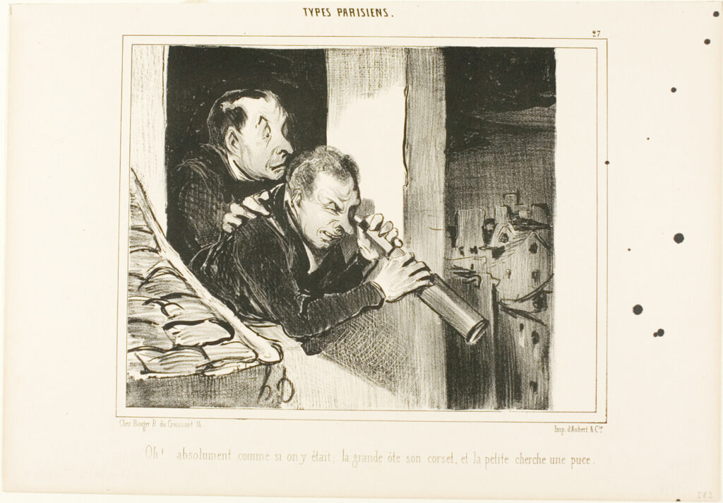Two weird looking dudes using a telescope to spy on women in this 1800s sketch from Paris