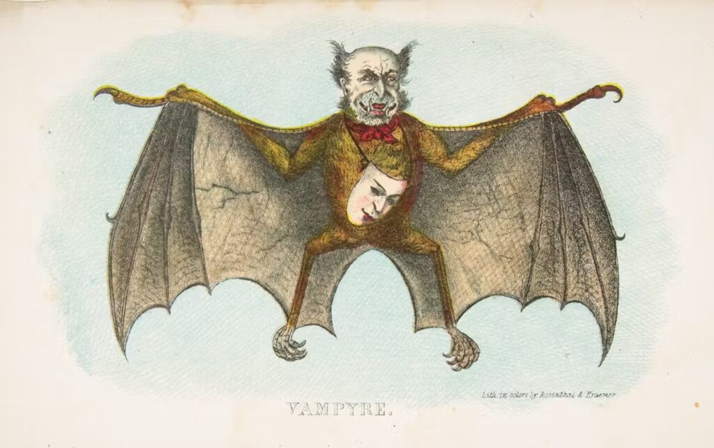 An old timey, disorienting hand drawn sketch of a vampire.