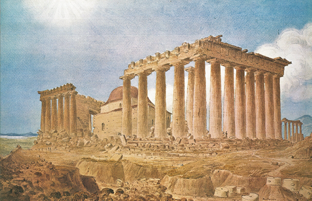 The parthenon, in Athens, as drawn in 1838 by Scottish artist James Skene.