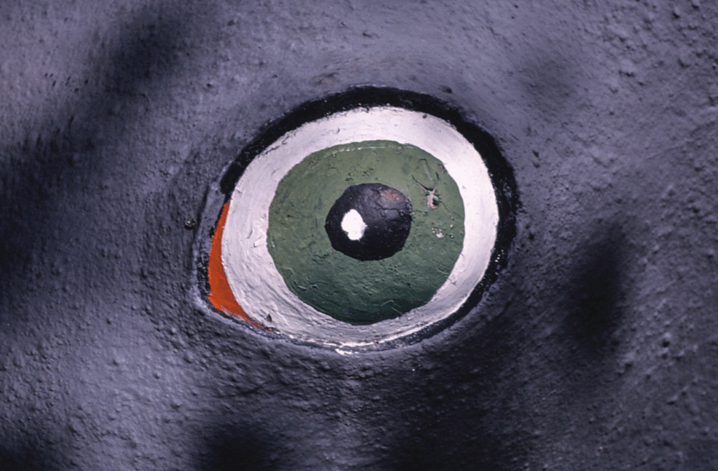 A painting of a creepy eye. It's a photo from the long closed Thurderbeast Park in Chiloquin Oregon,