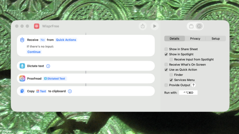 A screenshot of Apple Shortcuts. There are three steps in the window: dictate text, proofread that text, and copy the text to the clipboard.
