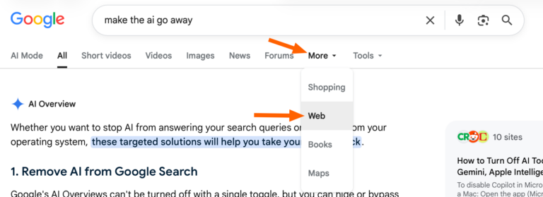 A screenshot of a Google search with arrows pointing to "More", below the search bar, and "Web", buried far below everything else.