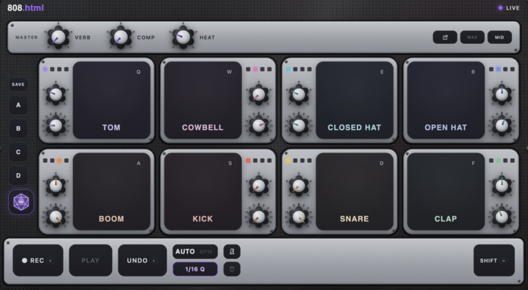 A screenshot of 808.html, a free online clone of the famous 1980s drum machine.