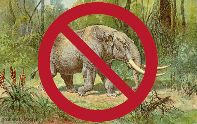 An adorable looking public domain mastodon with a red circled "no" symbol around it.